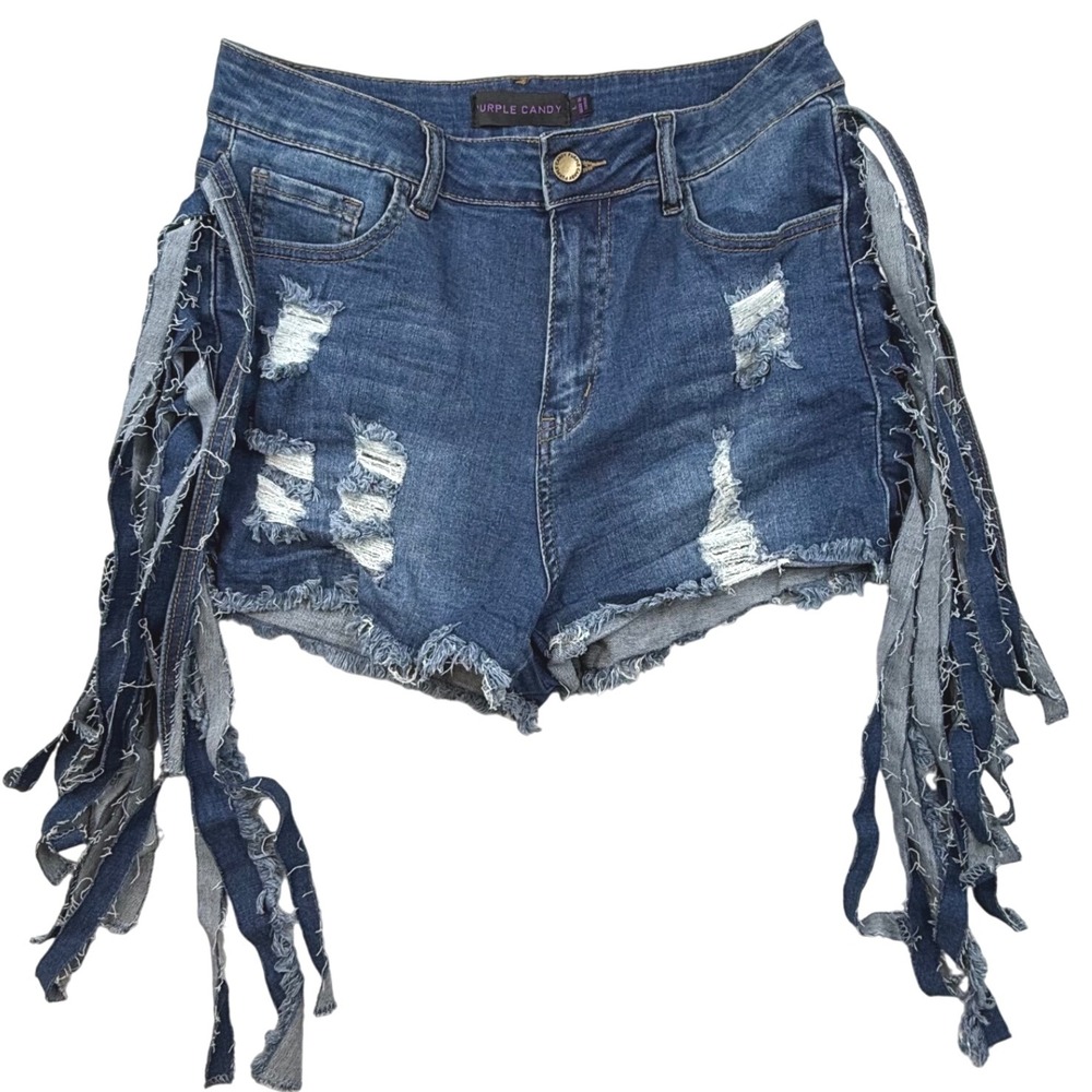 Purple Candy Womens‎ Denim Shorts Boho Distressed Fringe Festival Size Large